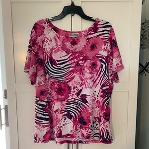 JM Collection Pink/Blue-Floral/Animal Print Top